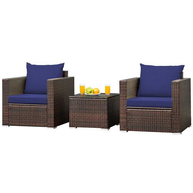Pemberly Row 3-piece Rattan Patio Furniture Set with Cushions in Navy