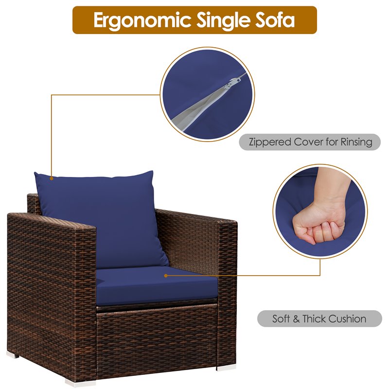 Pemberly Row 3-piece Rattan Patio Furniture Set with Cushions in Navy