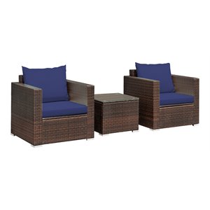 Pemberly Row 3-piece Rattan Patio Furniture Set with Cushions in Navy