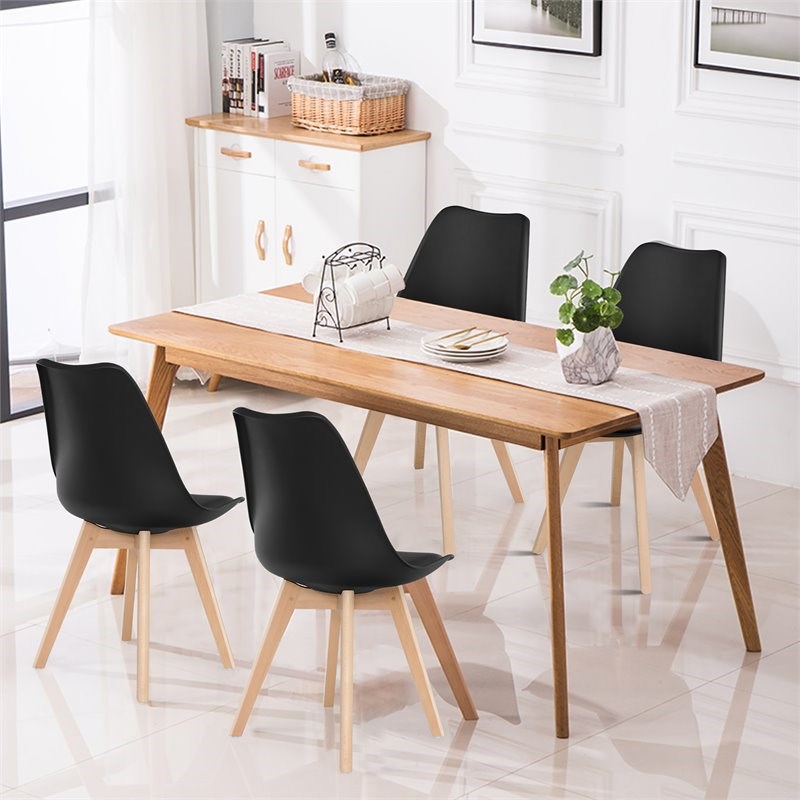 Pemberly Row Contemporary Fabric Dining Chair with Wood Leg in Black (Set of 4)