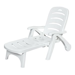 Pemberly Row PP 5-Position Adjustable Folding Lounge Chair with Wheels in White