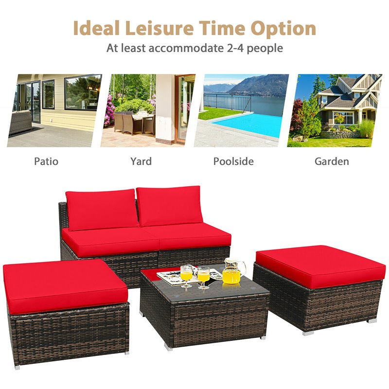 Pemberly Row 5-piece Contemporary Rattan Patio Wicker Furniture Set in Red