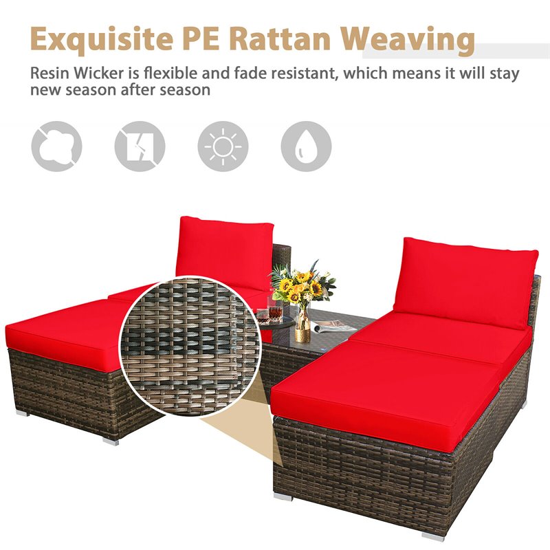 Pemberly Row 5-piece Contemporary Rattan Patio Wicker Furniture Set in Red