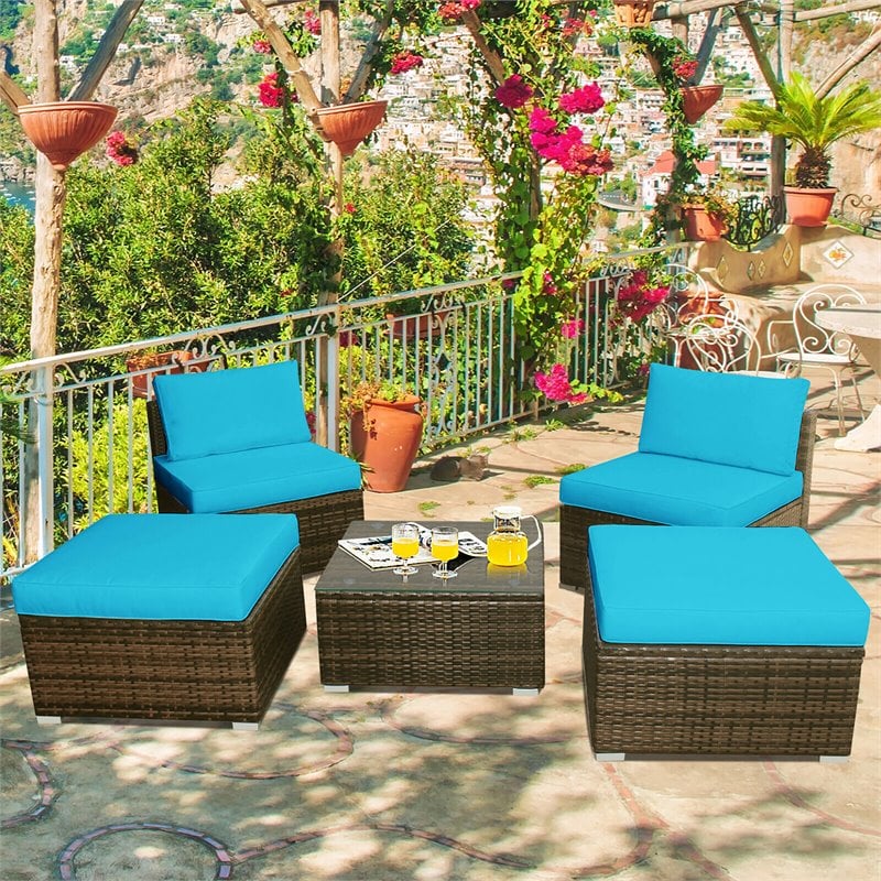 Pemberly Row 5-piece Contemporary Rattan Patio Wicker Furniture Set in Turquoise