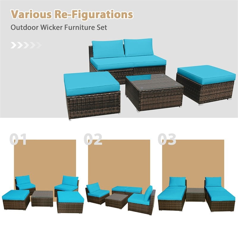 Pemberly Row 5-piece Contemporary Rattan Patio Wicker Furniture Set in Turquoise