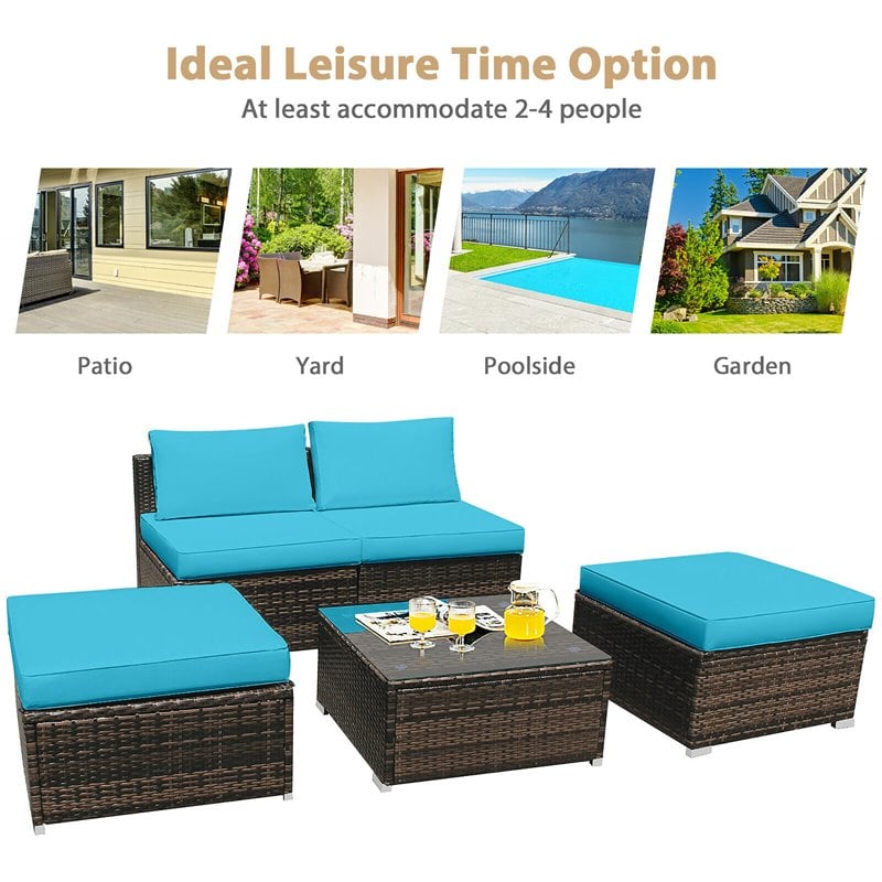 Pemberly Row 5-piece Contemporary Rattan Patio Wicker Furniture Set in Turquoise