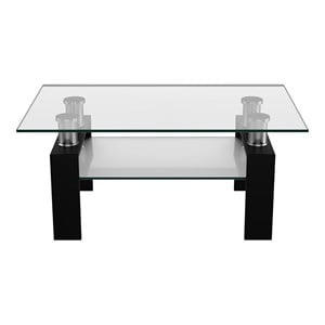 Pemberly Row Rectangle Glass Coffee Table w/ Metal Legs for Living Room in Black