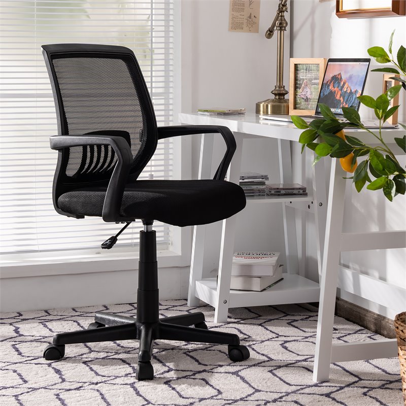 Pemberly Row Nylon Mid-Back Mesh Office Chair w/ Lumbar Support in Black