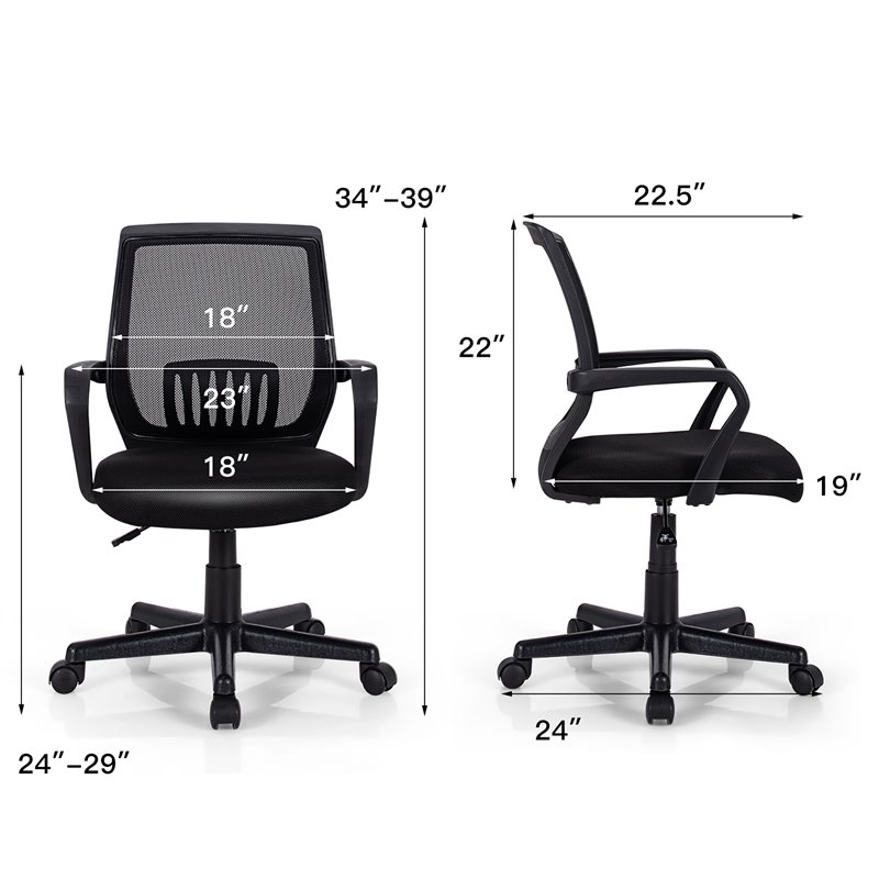 Pemberly Row Nylon Mid-Back Mesh Office Chair w/ Lumbar Support in Black