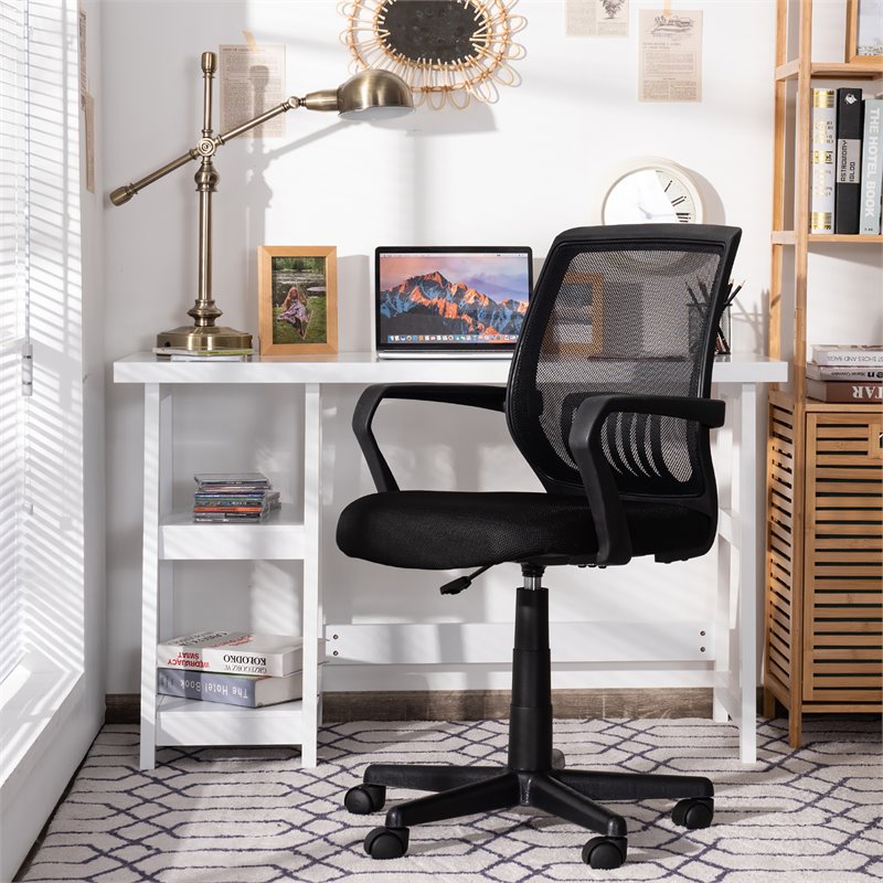 Pemberly Row Nylon Mid-Back Mesh Office Chair w/ Lumbar Support in Black