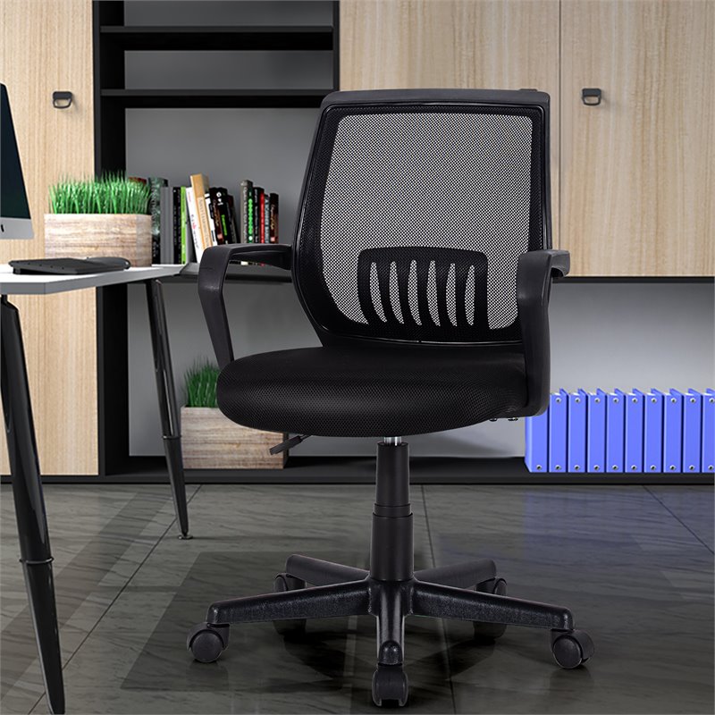Pemberly Row Nylon Mid-Back Mesh Office Chair w/ Lumbar Support in Black