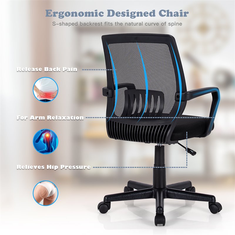 Pemberly Row Nylon Mid-Back Mesh Office Chair w/ Lumbar Support in Black