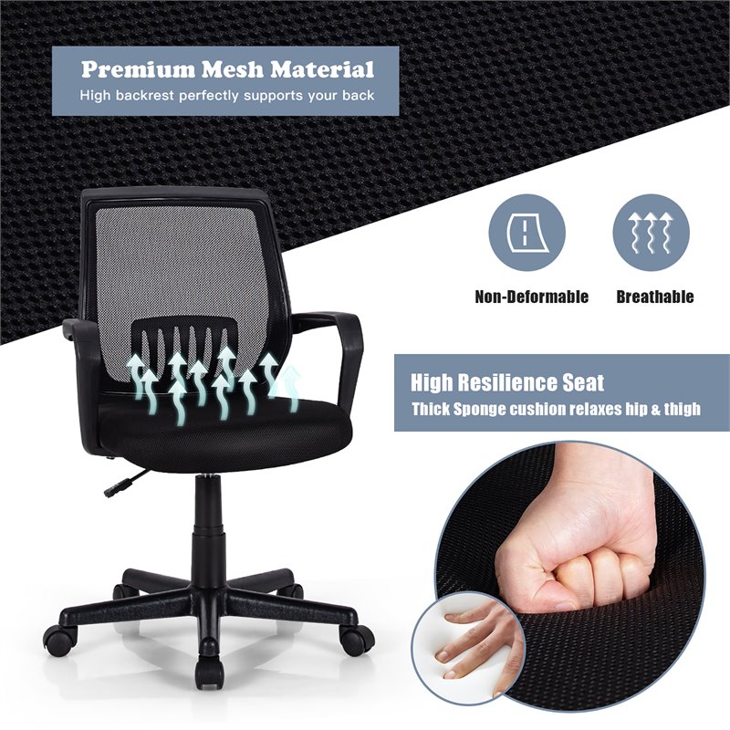 Pemberly Row Nylon Mid-Back Mesh Office Chair w/ Lumbar Support in Black