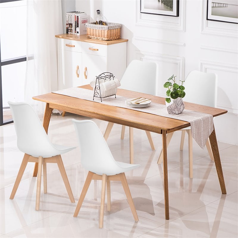 Pemberly Row Contemporary Fabric Dining Chair with Wood Leg in White (Set of 4)