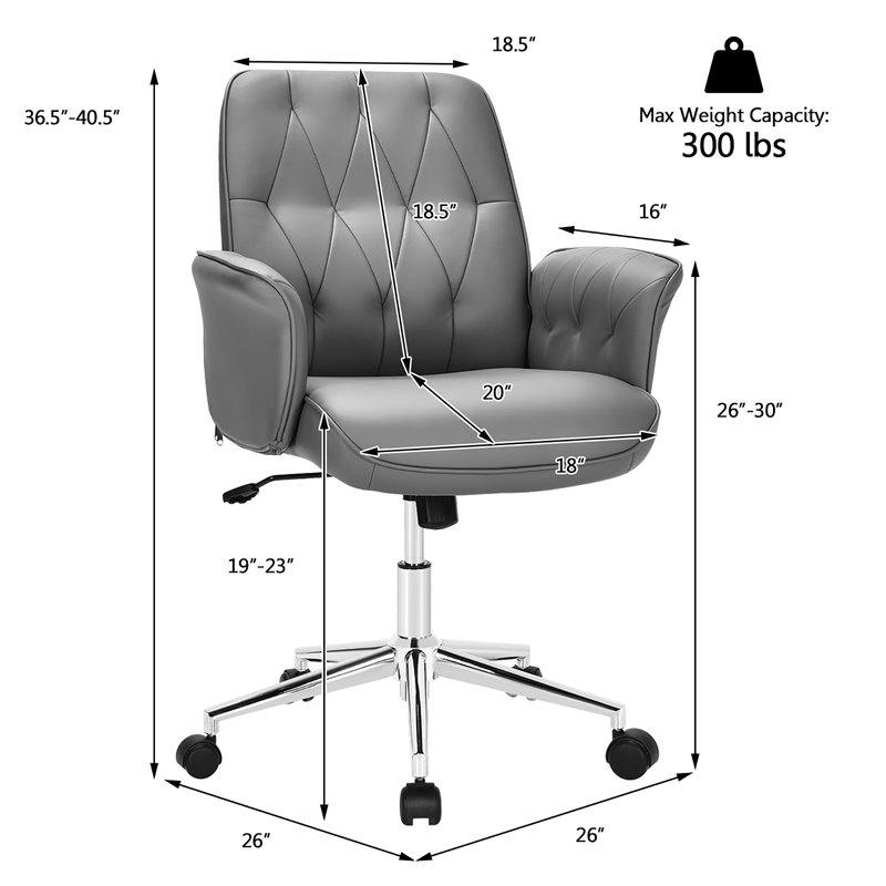 Pemberly Row Leather Swivel Office Leisure Chair w/ Armrest in Gray