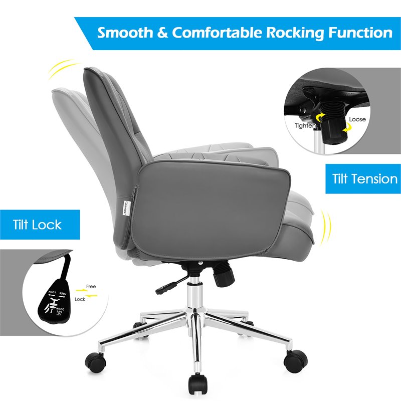 Pemberly Row Leather Swivel Office Leisure Chair w/ Armrest in Gray