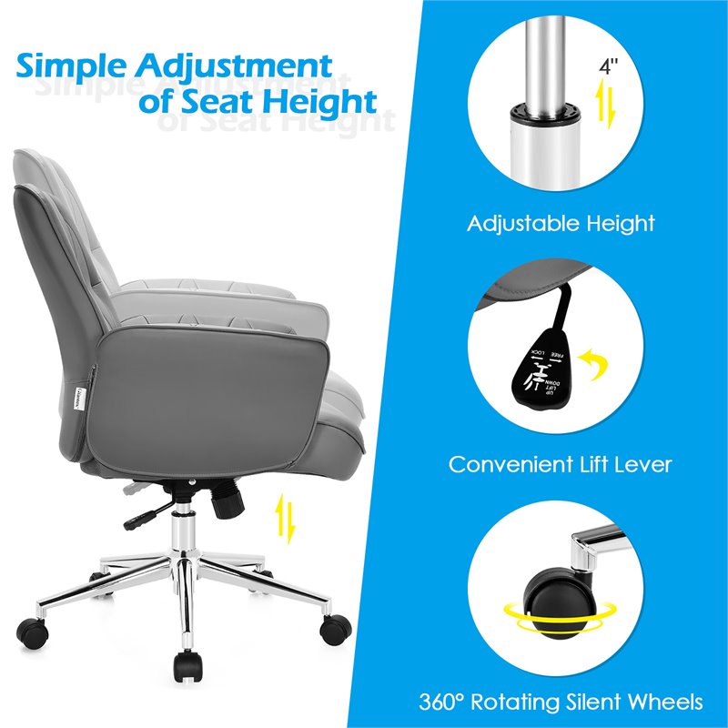 Pemberly Row Leather Swivel Office Leisure Chair w/ Armrest in Gray