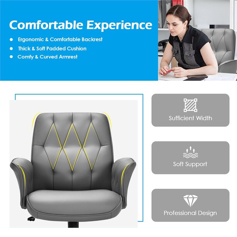 Pemberly Row Leather Swivel Office Leisure Chair w/ Armrest in Gray