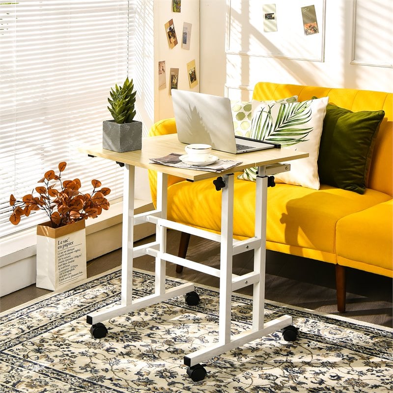 Pemberly Row MDF and Steel Adjustable Rolling Mobile Standing Desk in Natural