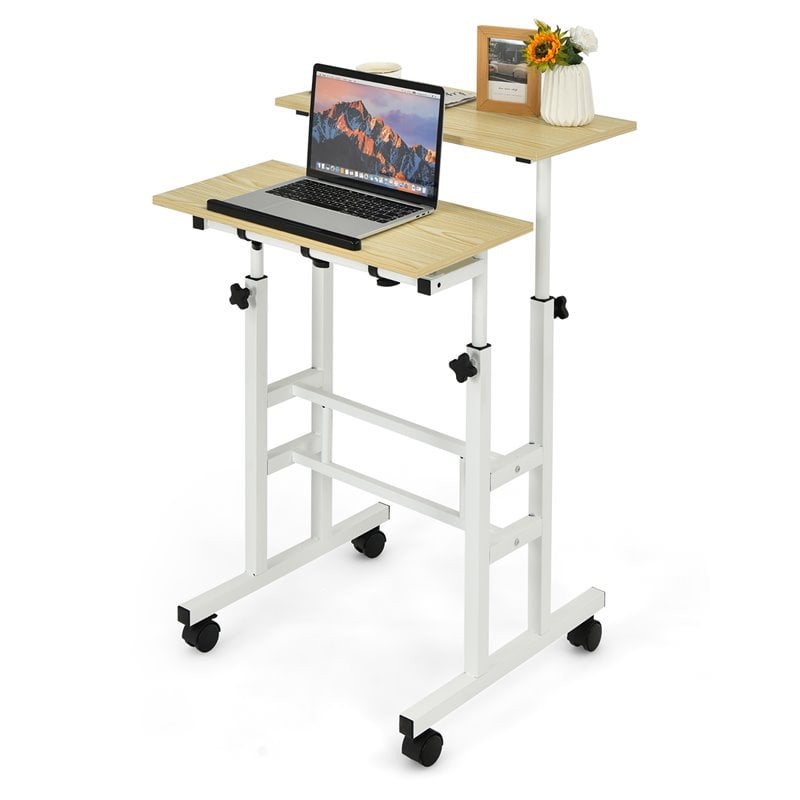 Pemberly Row MDF and Steel Adjustable Rolling Mobile Standing Desk in Natural