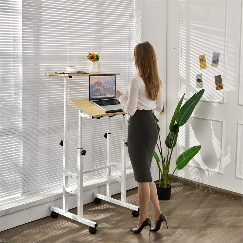 Pemberly Row MDF and Steel Adjustable Rolling Mobile Standing Desk in Natural