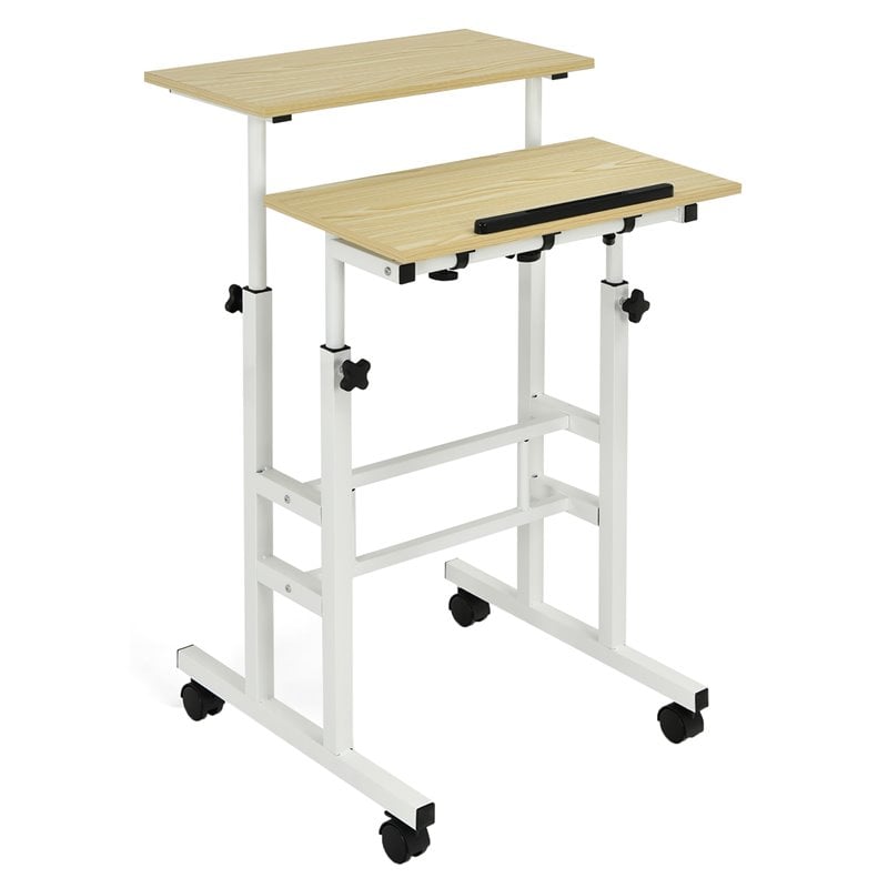 Pemberly Row MDF and Steel Adjustable Rolling Mobile Standing Desk in Natural