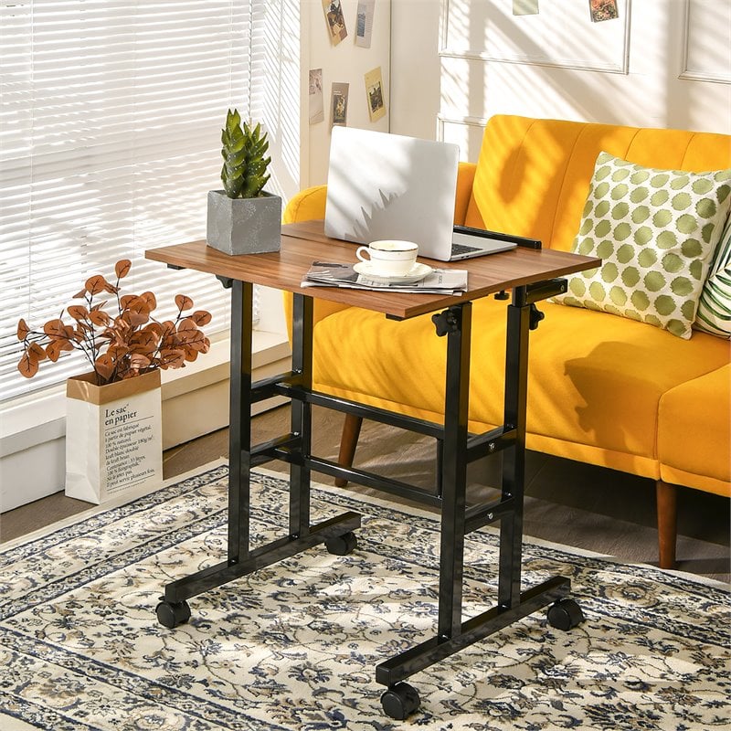Pemberly Row MDF and Steel Adjustable Rolling Mobile Standing Desk in Walnut
