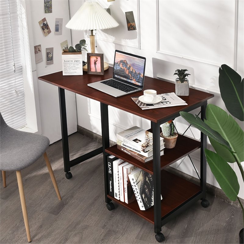 Pemberly Row Wood Rolling Folding Computer Desk with Storage Shelves in Brown