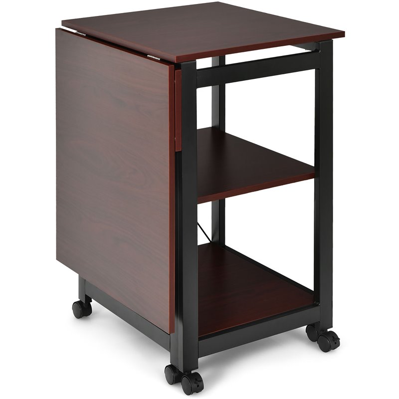 Pemberly Row Wood Rolling Folding Computer Desk with Storage Shelves in Brown