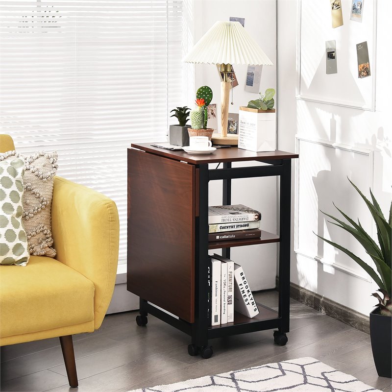 Pemberly Row Wood Rolling Folding Computer Desk with Storage Shelves in Brown