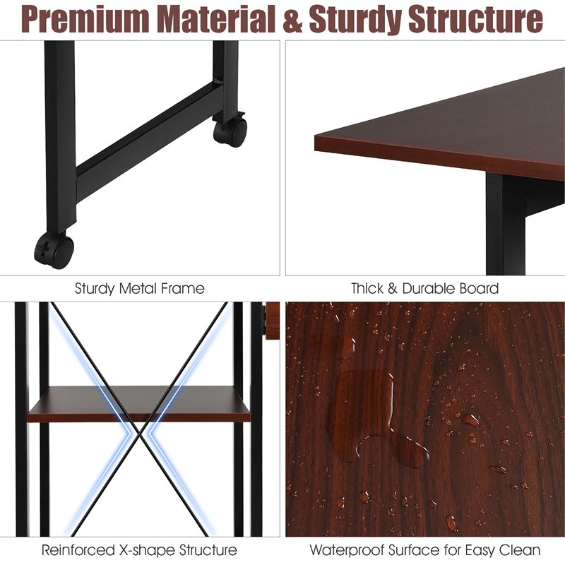 Pemberly Row Wood Rolling Folding Computer Desk with Storage Shelves in Brown