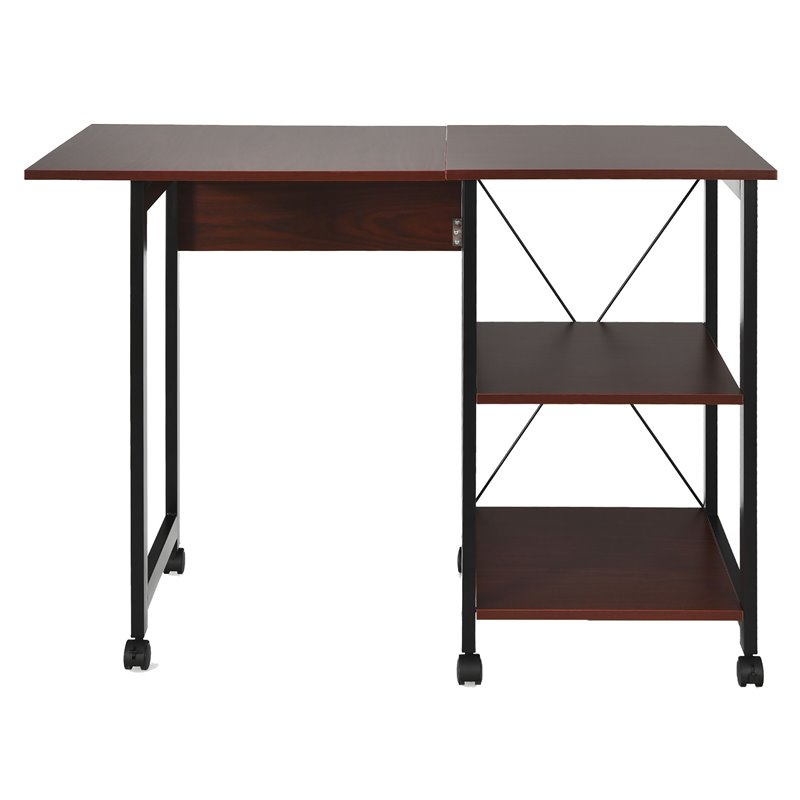 Pemberly Row Wood Rolling Folding Computer Desk with Storage Shelves in Brown