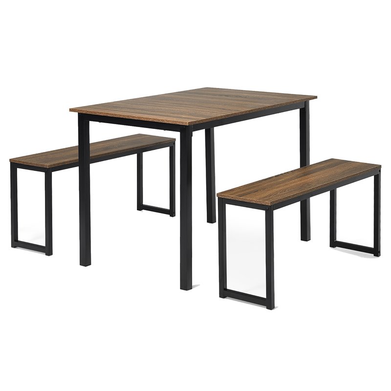 Pemberly Row 3-Pc MDF Board & Iron Dining Table Set with 2 Benches in Natural