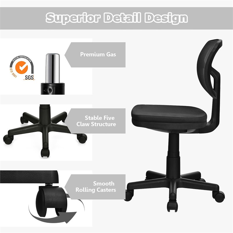 Pemberly Row Sponge and Plastic Adjustable Swivel Armless Office Chair in Black