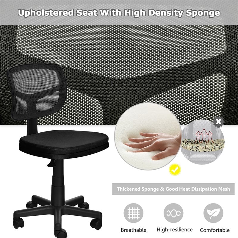 Pemberly Row Sponge and Plastic Adjustable Swivel Armless Office Chair in Black