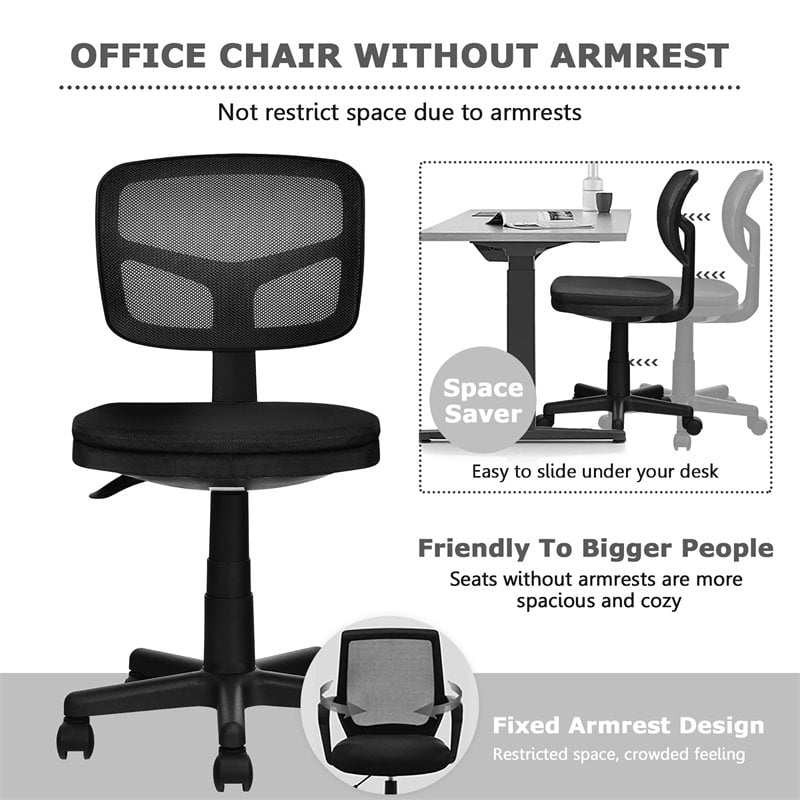 Pemberly Row Sponge and Plastic Adjustable Swivel Armless Office Chair in Black