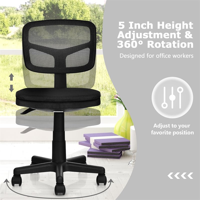 Pemberly Row Sponge and Plastic Adjustable Swivel Armless Office Chair in Black