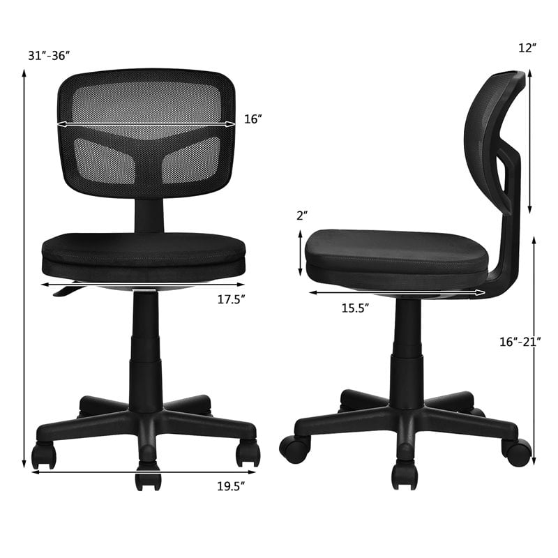Pemberly Row Sponge and Plastic Adjustable Swivel Armless Office Chair in Black