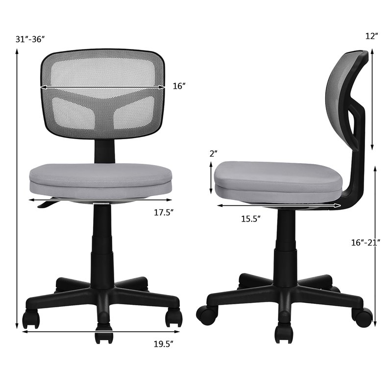 Pemberly Row Sponge and Plastic Adjustable Swivel Armless Office Chair in Gray