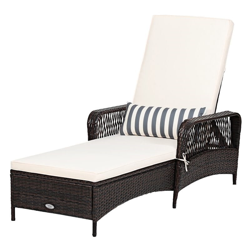 Pemberly Row PE Rattan Chaise Lounge Armrest Recliner in Off White Brown