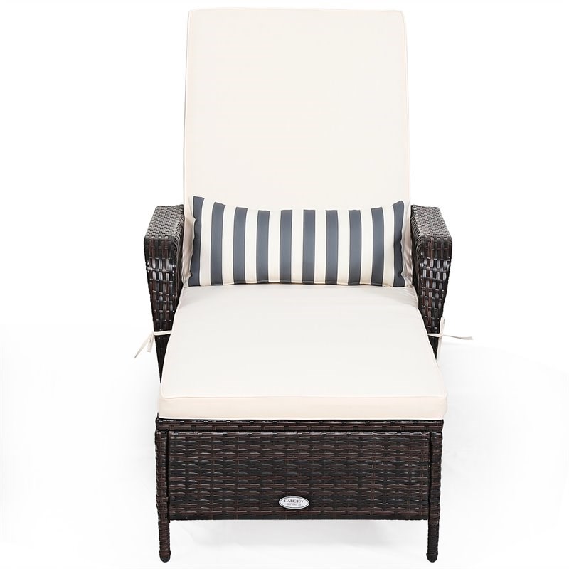 Pemberly Row PE Rattan Chaise Lounge Armrest Recliner in Off White Brown
