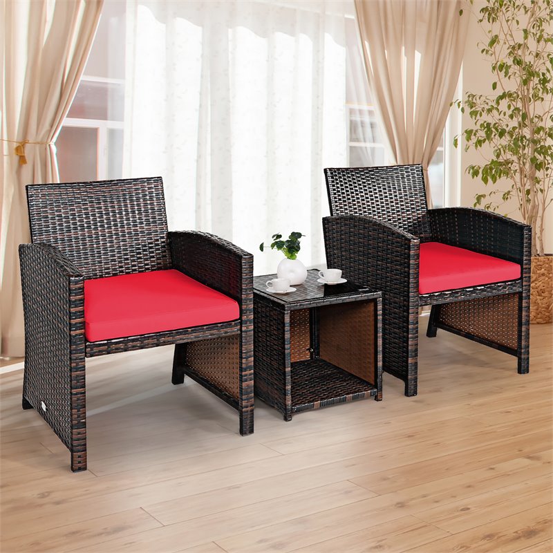 Pemberly Row 3-piece Patio Rattan/Wicker Sofas and Coffee Table in Red Cushion