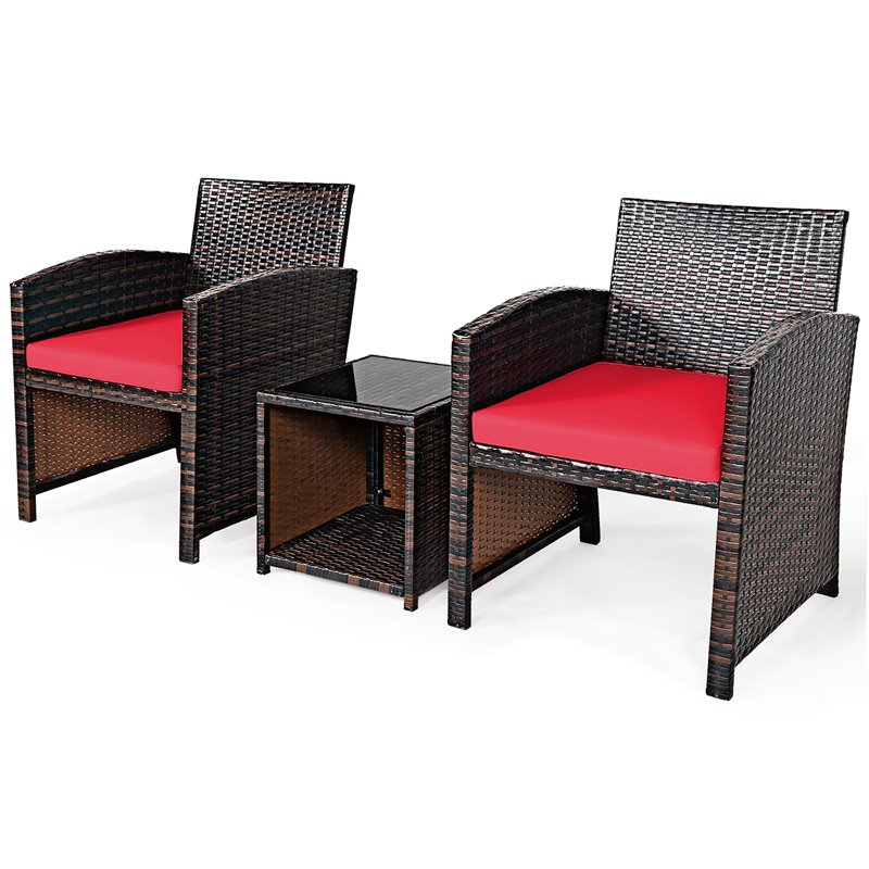 Pemberly Row 3-piece Patio Rattan/Wicker Sofas and Coffee Table in Red Cushion