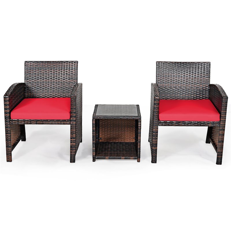 Pemberly Row 3-piece Patio Rattan/Wicker Sofas and Coffee Table in Red Cushion