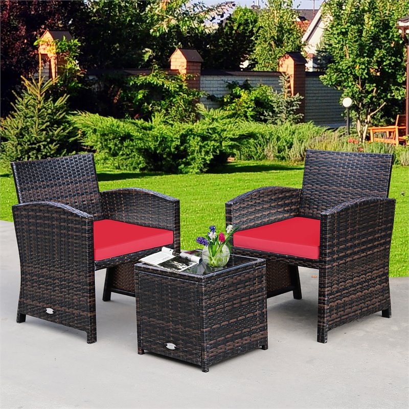 Pemberly Row 3-piece Patio Rattan/Wicker Sofas and Coffee Table in Red Cushion