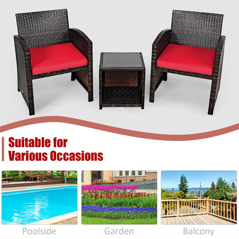 Pemberly Row 3-piece Patio Rattan/Wicker Sofas and Coffee Table in Red Cushion