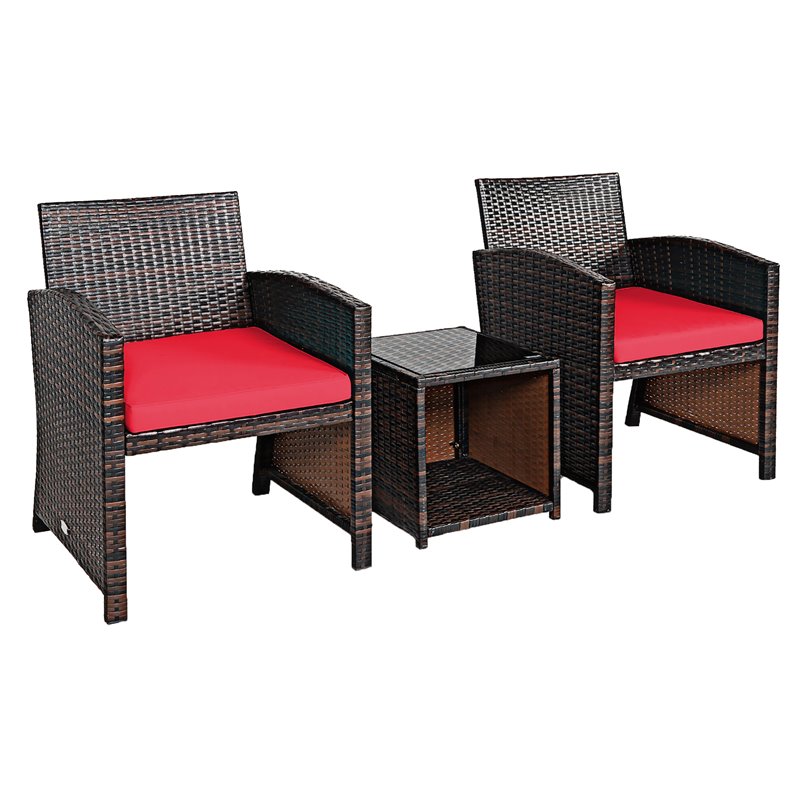 Pemberly Row 3-piece Patio Rattan/Wicker Sofas and Coffee Table in Red Cushion