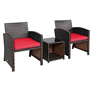 Pemberly Row 3-piece Patio Rattan/Wicker Sofas and Coffee Table in Red Cushion