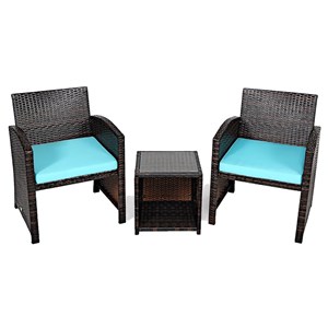 Pemberly Row 3-Pc Patio Rattan/Wicker Sofas & Coffee Table in Turquoise Cushion