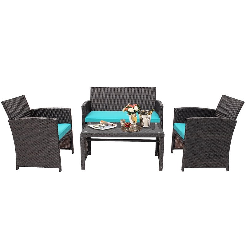 Pemberly Row 4-piece Contemporary Rattan Patio Furniture Set in Turquoise